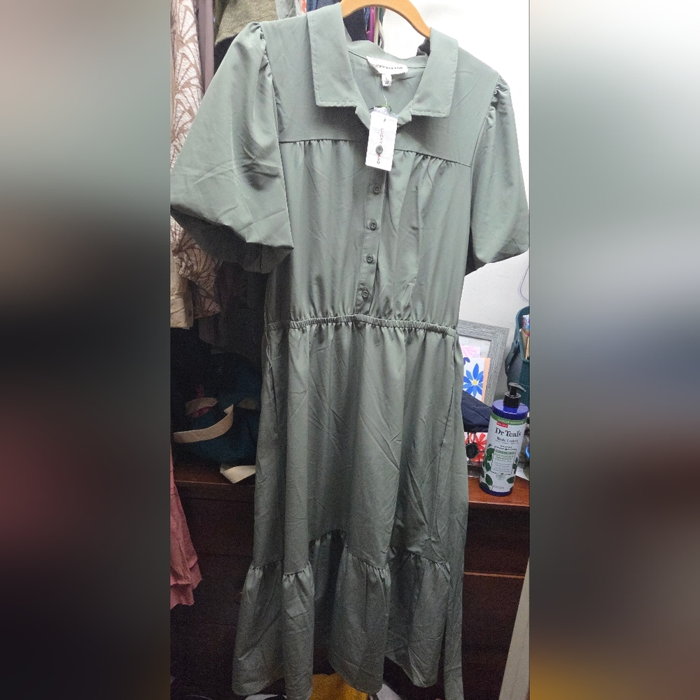 Lucky Brand SMOKEY Olive Green Maxi dress with Belt Sz L - Picture 3 of 3